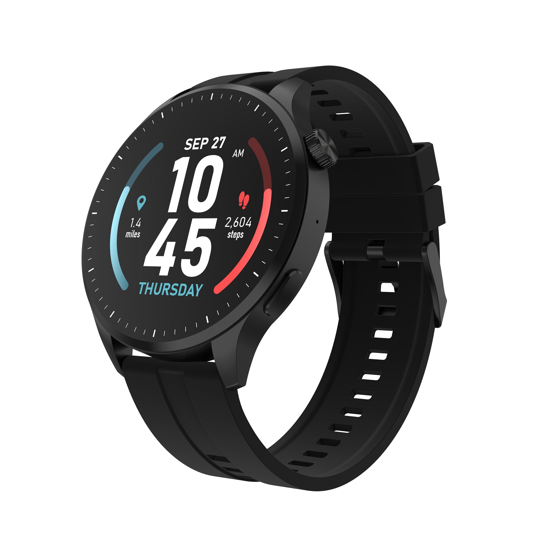 Black smartwatch with a digital display on a white background