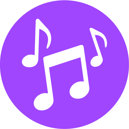 White musical notes on a purple circle