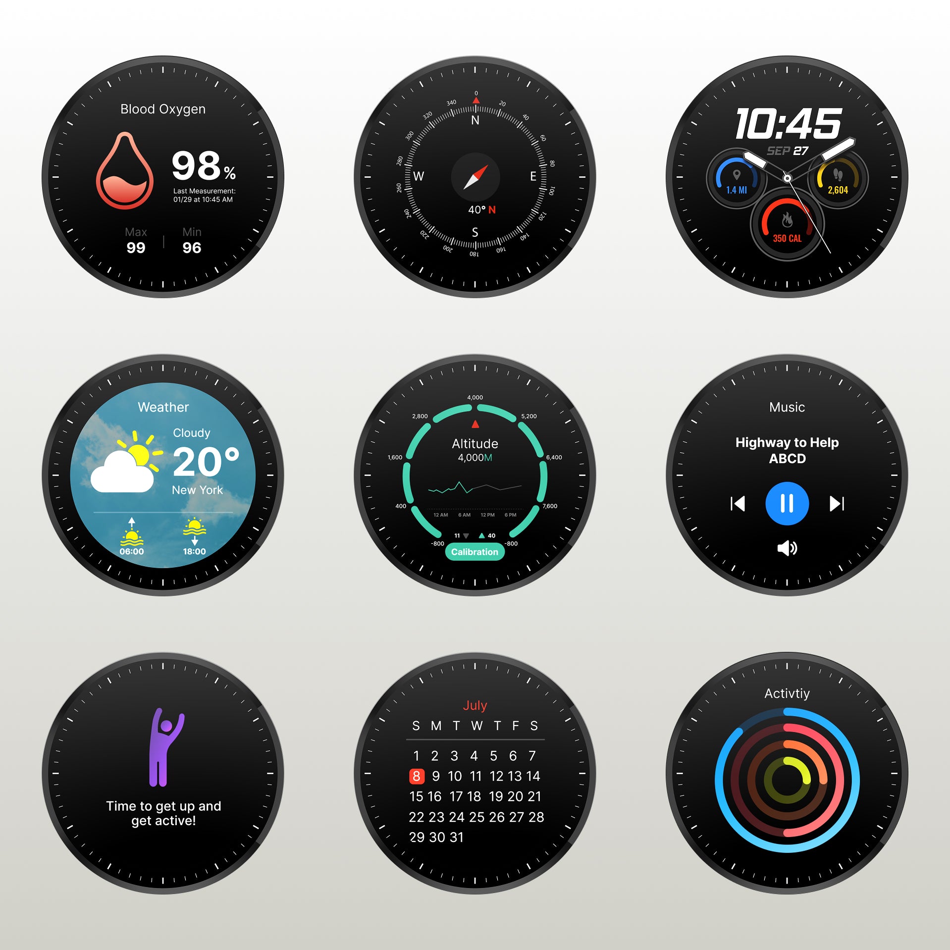A 3x3 grid of round smartwatch dashboard screens on black watch faces, showing different digital interfaces including blood oxygen, compass, time, weather, activity, calendar, and music controls.