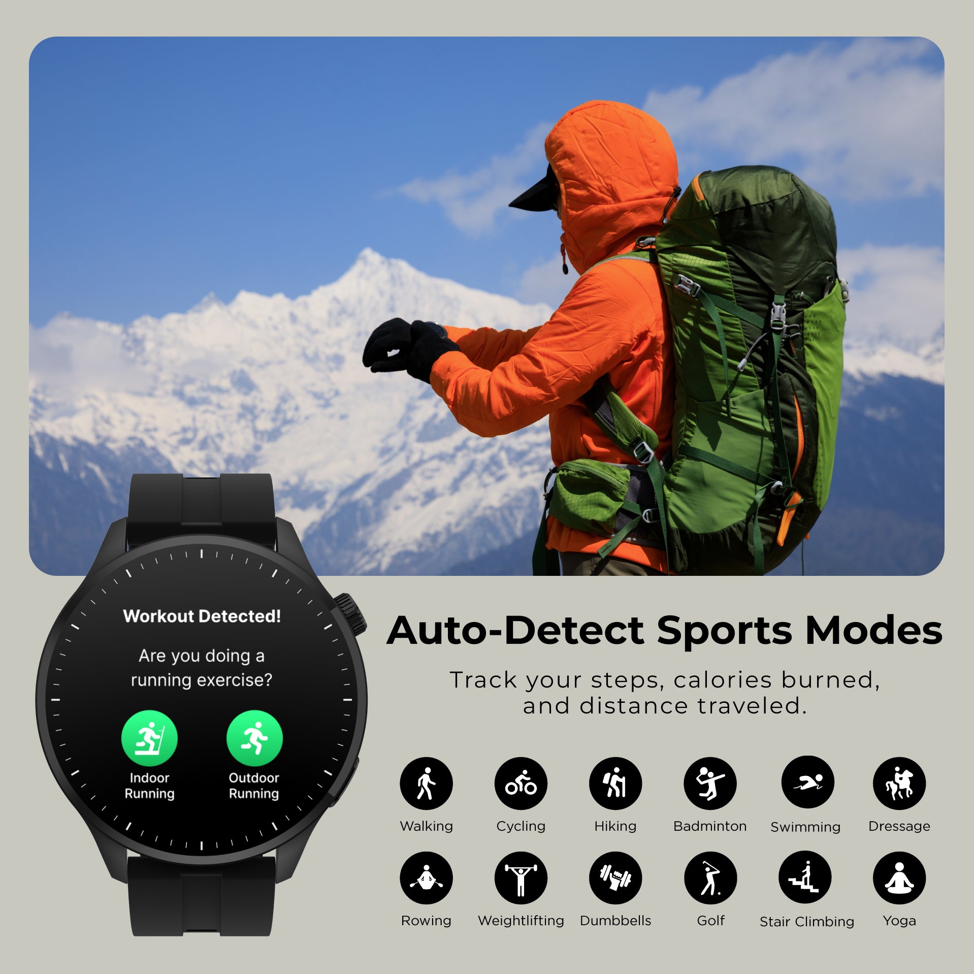 A smartwatch shown in the foreground with a mountain-and-hiker background, advertising automatic sports mode detection. The watch screen displays workout detection icons, and the right side includes text reading 'Auto-Detect Sports Modes' with exercise mode icons below.