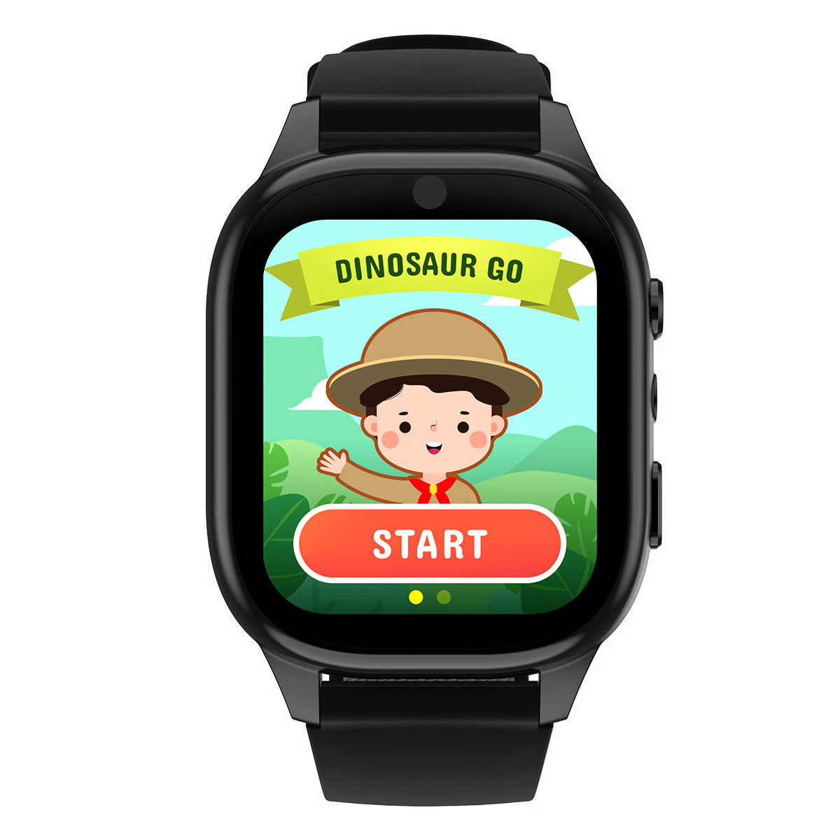 Smartwatch with a cartoon app interface featuring a child in a safari hat and 'Dinosaur Go' text on the screen.