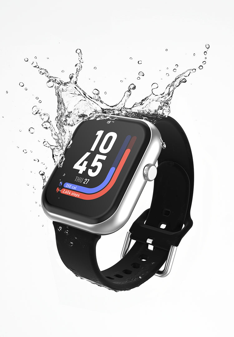 Smartwatch with a black band splashing in water on a white background