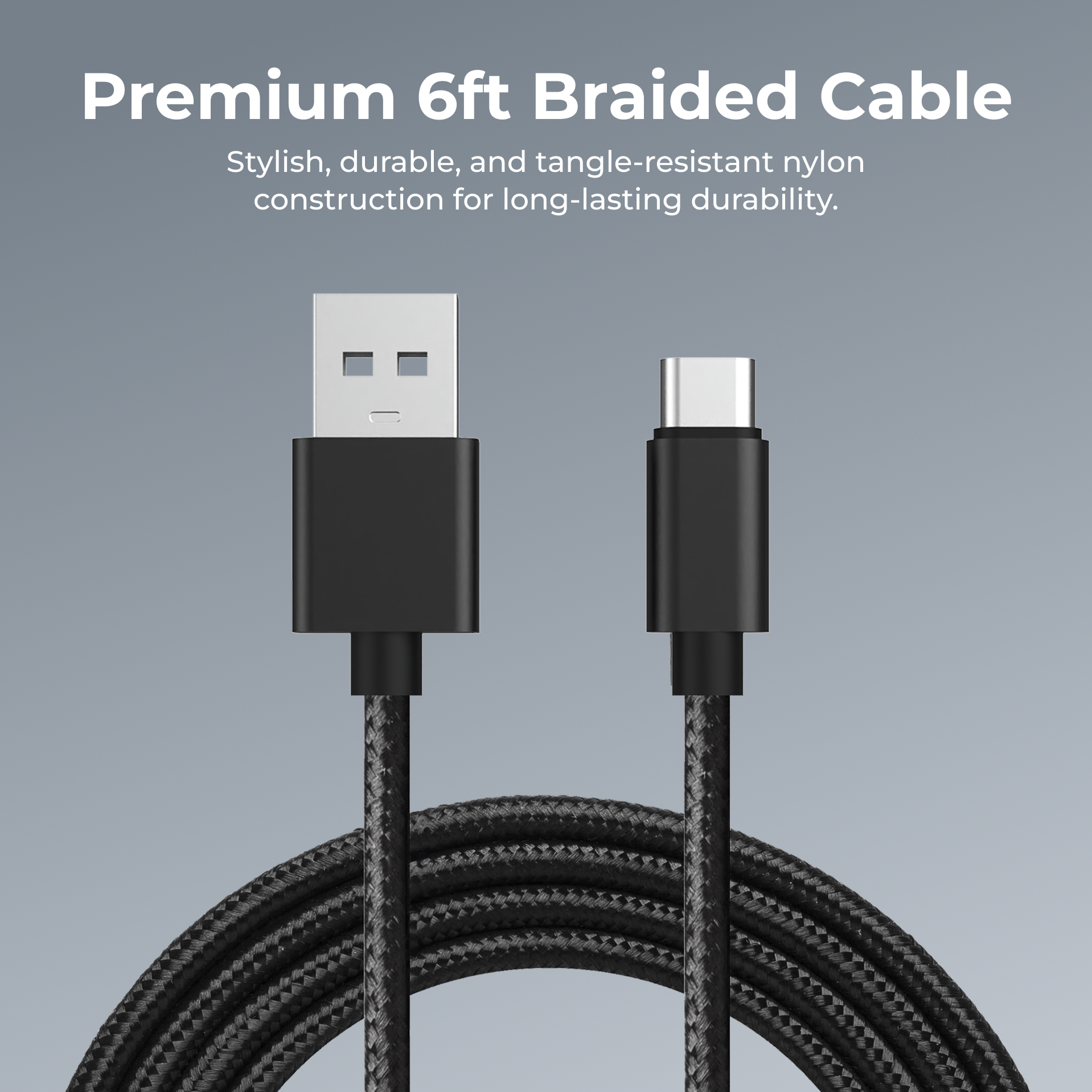 Premium 6ft braided cable with USB and Type-C connectors on a gray background