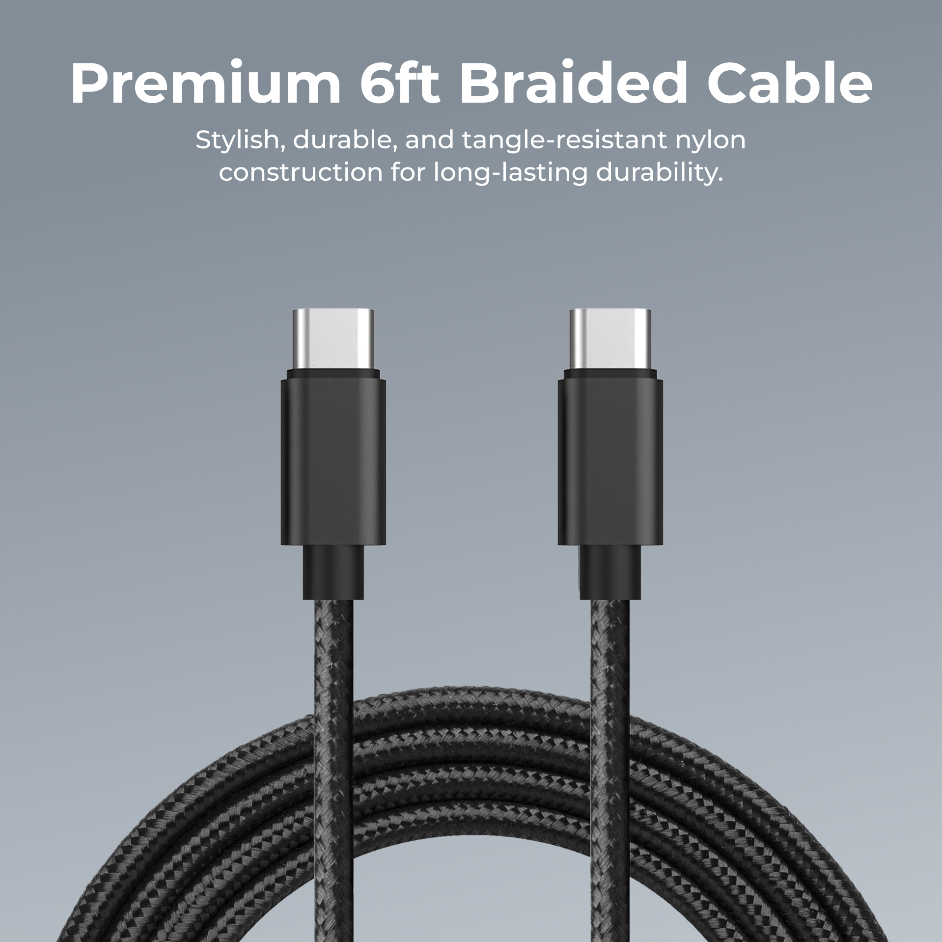 Premium 6ft braided cable with USB-C connectors on a gray background