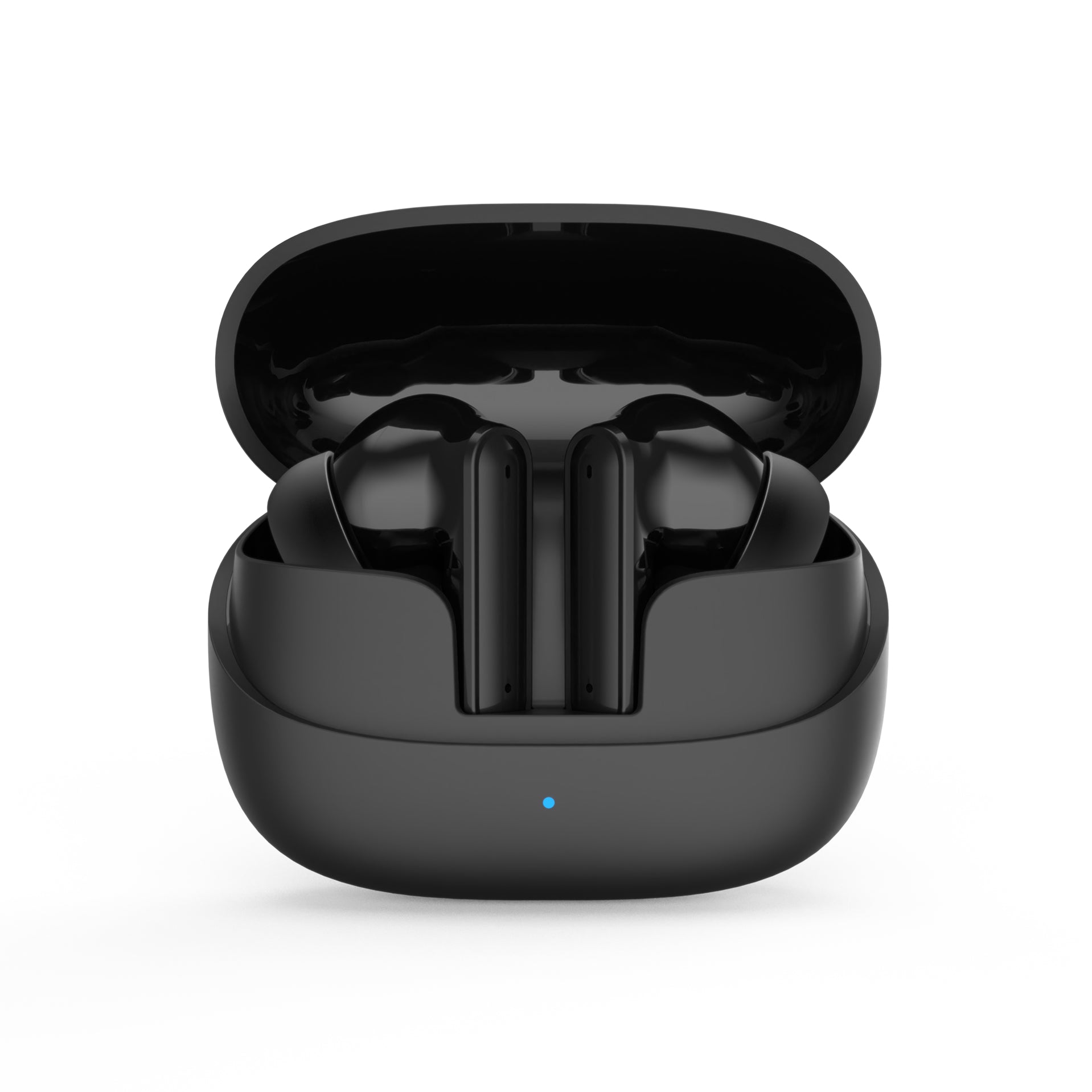Black wireless earbuds in an open charging case on a white background