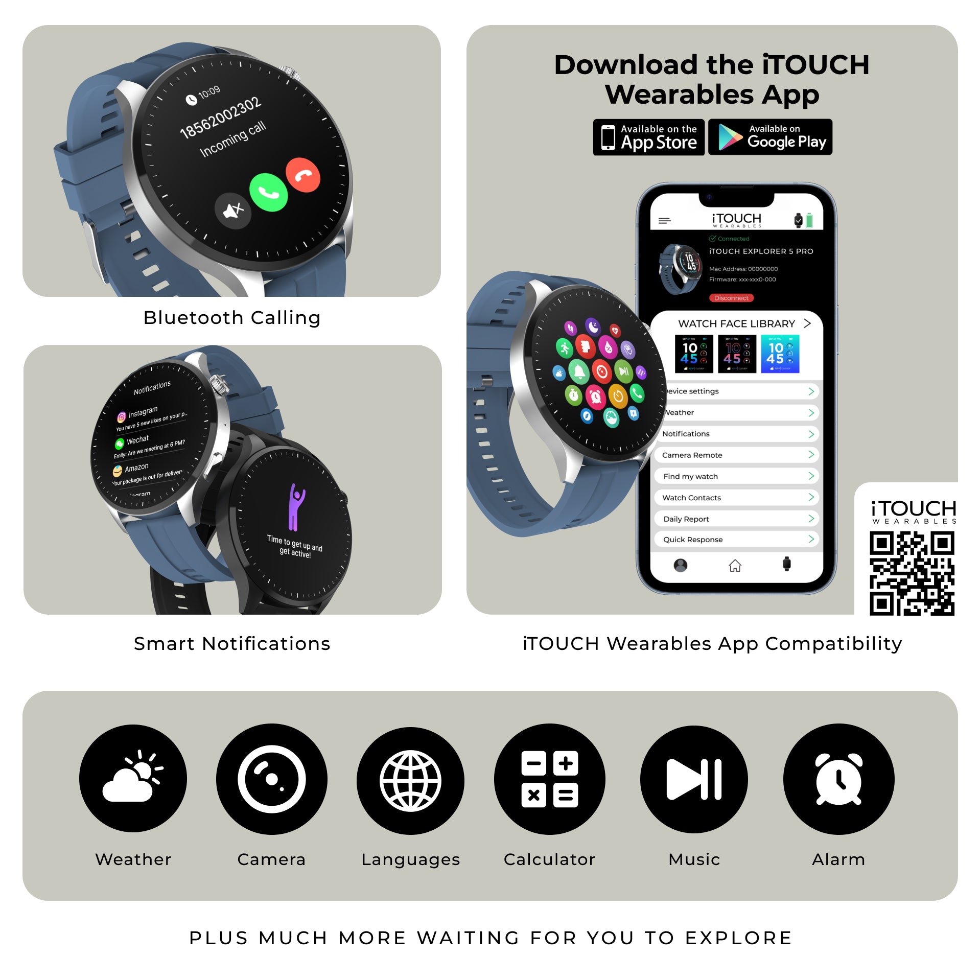 Promotional graphic for the iTOUCH Wearables app and smartwatch compatibility, showing two smartwatches with blue straps demonstrating Bluetooth calling and smart notifications, alongside a phone screen displaying the iTOUCH Wearables App. Text highlights features like weather, camera, languages, calculator, music, alarm, and app compatibility.