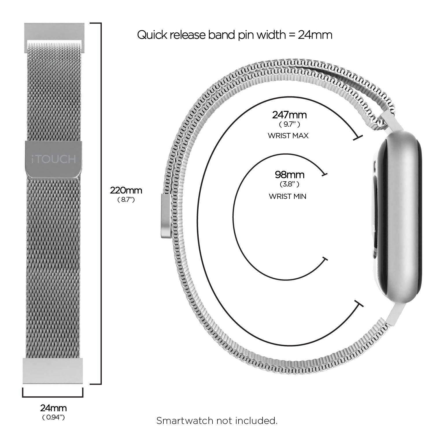 iTouch Air 3 44mm Extra Interchangeable Strap: Silver Mesh affordable smart watch strap