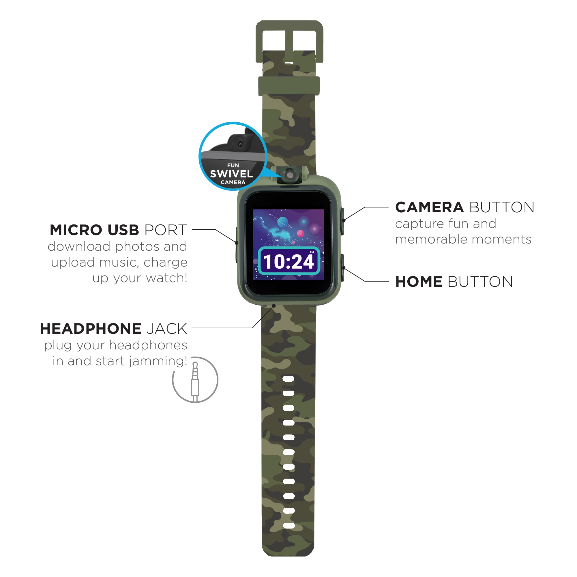 PlayZoom 2 Kids Smartwatch with Headphones: Green Camouflage Print affordable smart watch with headphones