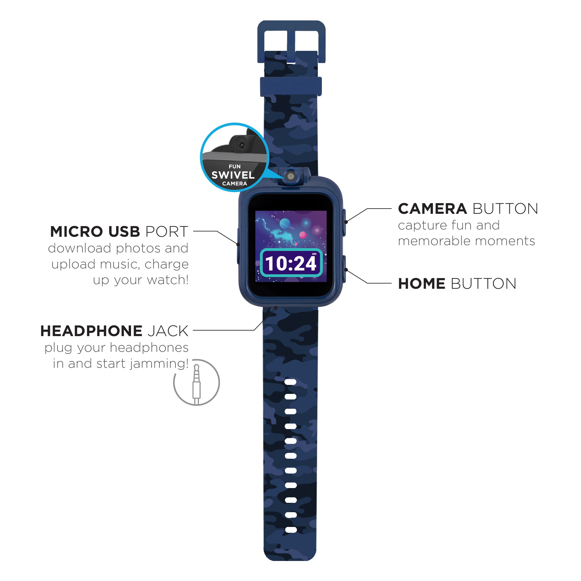 PlayZoom 2 Kids Smartwatch with Headphones: Blue Camouflage Print affordable smart watch with headphone