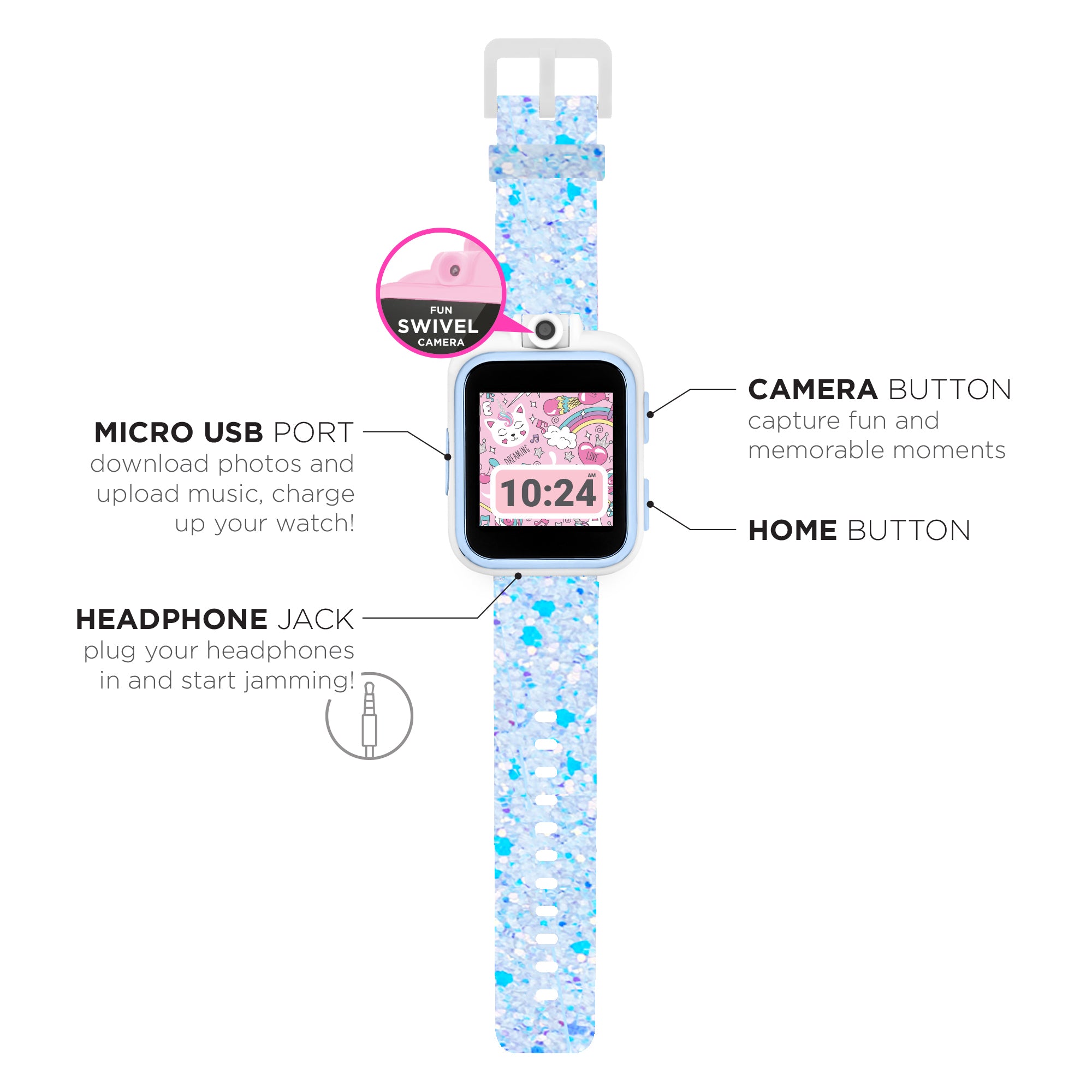 PlayZoom 2 Kids Smartwatch with Headphones: Light Blue Sparkle affordable smart watch with headphones