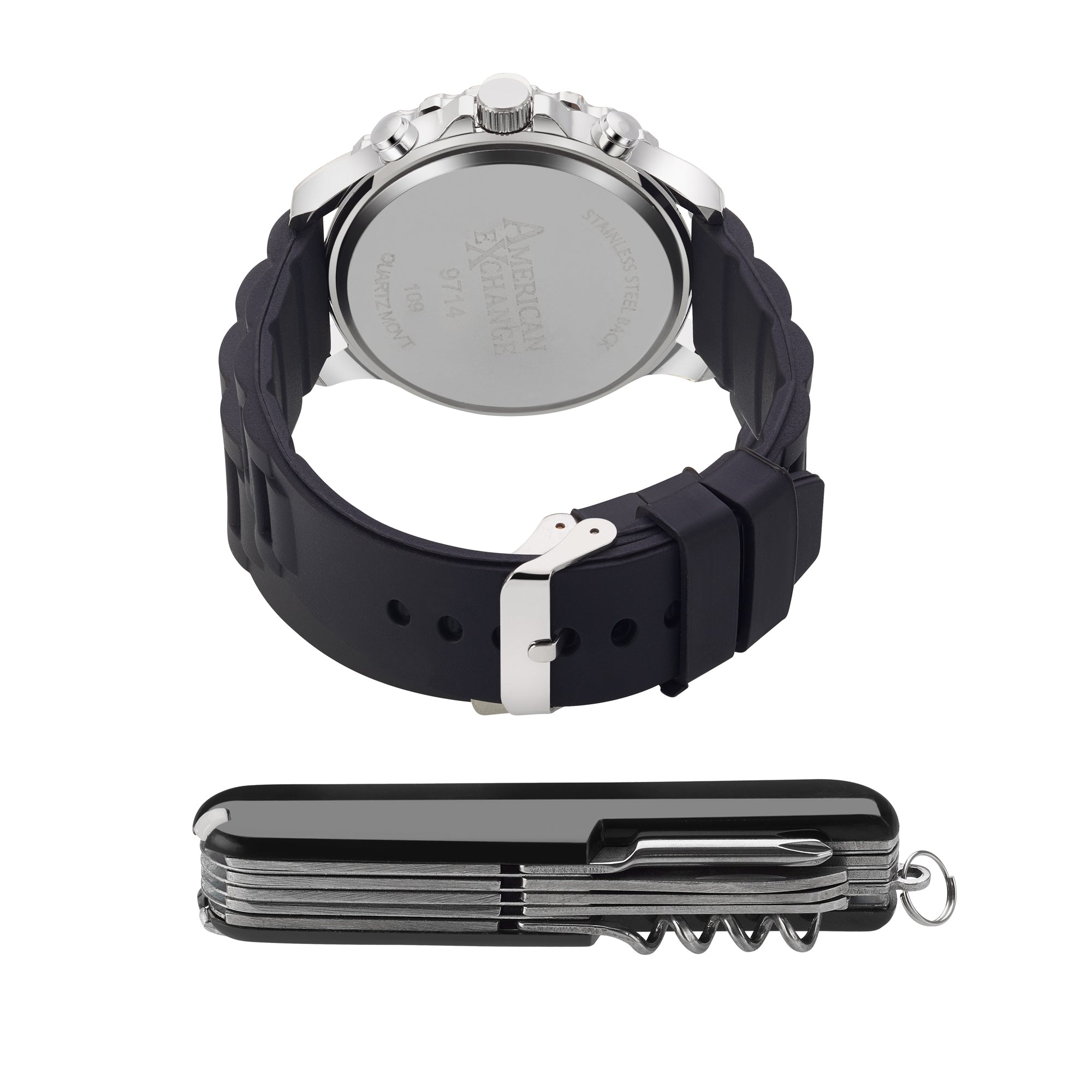 American Exchange Men's Black Rubber Strap Watch 50mm Gift Set