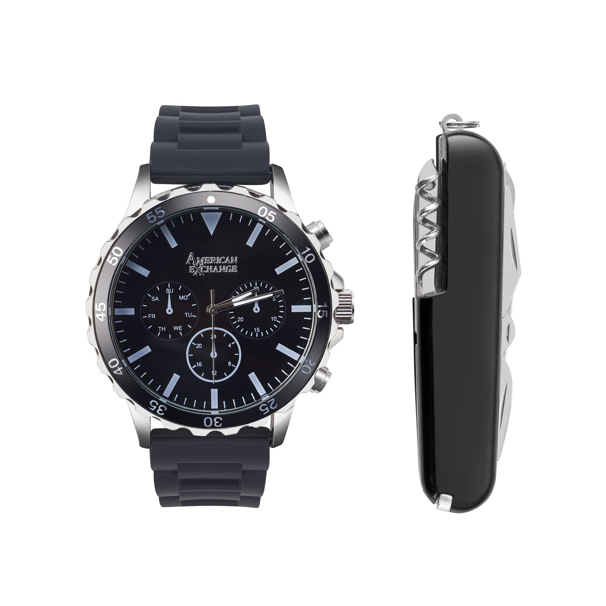 American Exchange Men's Black Rubber Strap Watch 50mm Gift Set